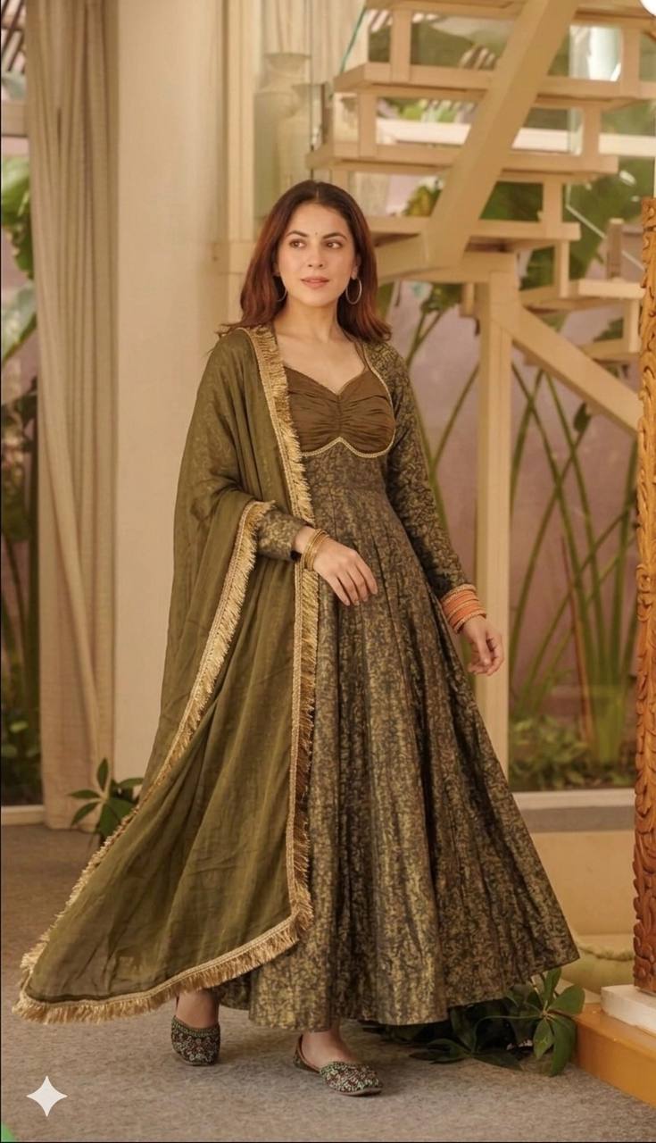 Opulent Mehendi Green Brocade Flared Anarkali Suit Set Featuring a Ruched Sweetheart Neckline, Woven Floral Motifs, and an Elegant Tie-Up Back